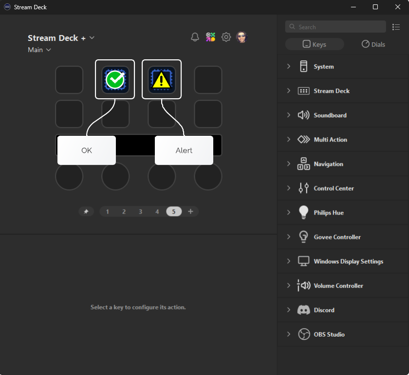 Screenshot of Stream Deck software showing action feedback