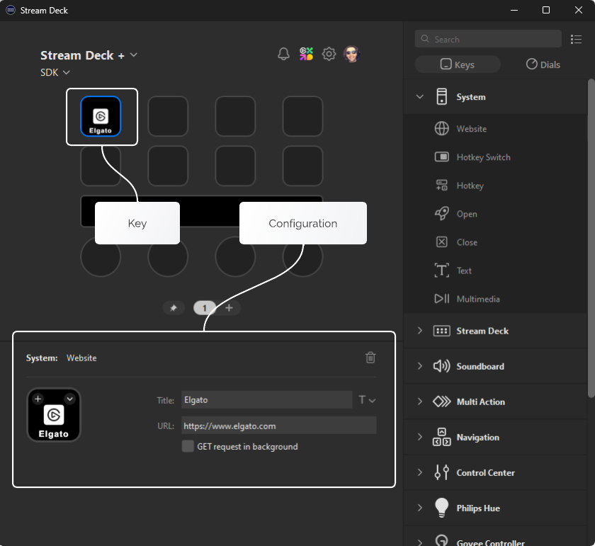 Screenshot of Stream Deck software highlighting an action key