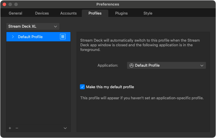 The Stream Deck preferences window, displaying the profiles tab