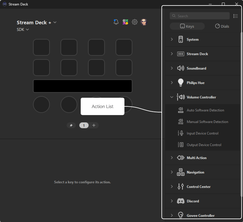 Stream Deck with the action list highlighted